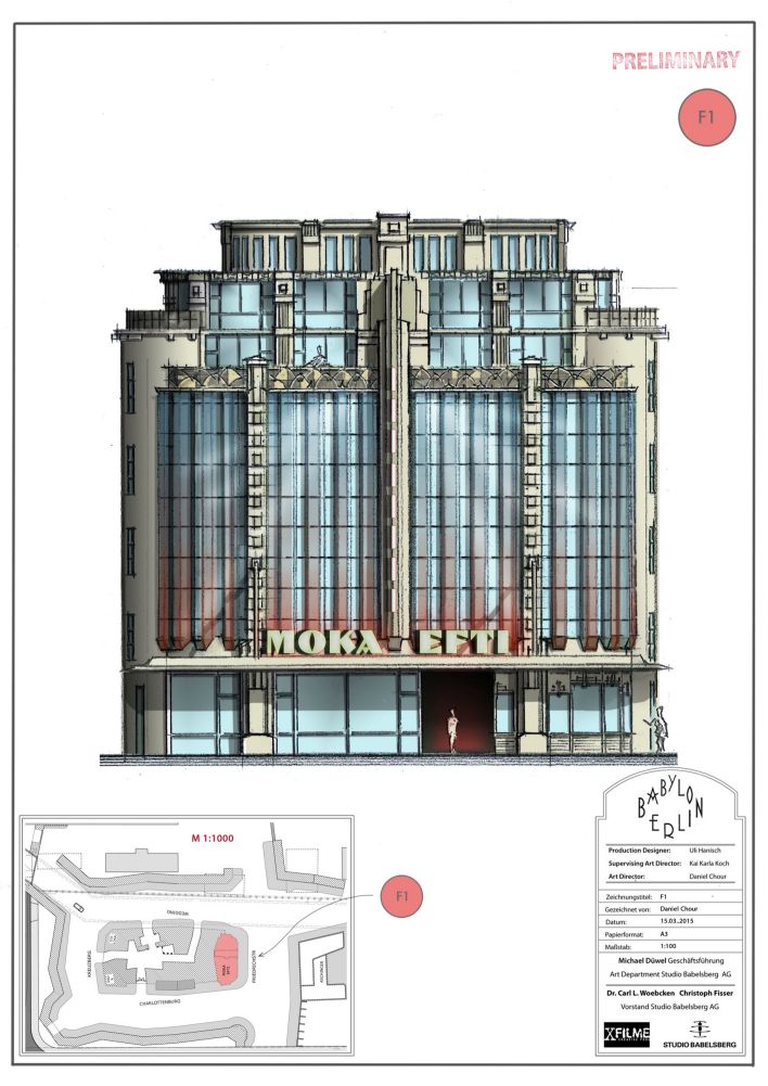 Bauzeichnung der Außenfassade des Moka Efti für eine Kulisse für Babylon Berlin. (Quelle: Frédéric Batier | X Filme | ARD Degeto | sky | Beta | Uli Hanisch).