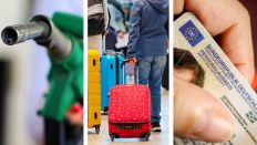 Collage:(v.l.n.r.):Eine Person hält einen Zapfhahn, Passagiere ziehen Rollkoffer auf dem BER, eine Hand hält einen deutschen Personalausweis.(Quelle:picture alliance/pressefotokorb,dpa/M.Skolimowska,dpa/M.Balk)