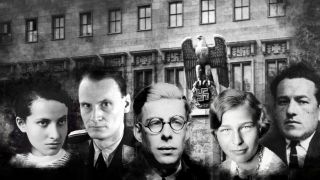 Fotomontage: Sophia Poznanska, Harro Schulze-Boysen, Hans Coppi, Liberates Harro Schulze-Boysen Leopold Trepper, von links nach rechts vor Berliner Luftfahrtministerium (Quelle: rbb/Arte/Gedenkstätte Deutscher Widerstand/picture alliance/Lowien/United Archives/VisualEyze/akg-images)