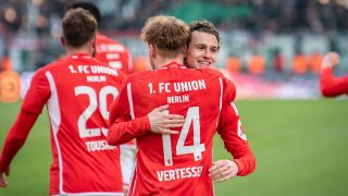 Die beiden Torschützen gegen Werder Bremen: Yorbe Vertessen und Brenden Aaronson von Union Berlin (Quelle: IMAGO / Beautiful Sports)