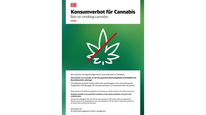 Verbotsplakat Cannabis auf dem Gelände der deutschen Bahn zu konsumieren vom 20.04.2024.(Quelle: DB AG)