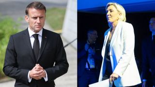 Collage: President Emmanuel Macron / Marine Le Pen von der französischen echtsextremistischen Partei Rassemblement National (RN) (Quelle: dpa/Haedrich Jean-Marc/Lafargue Raphael)