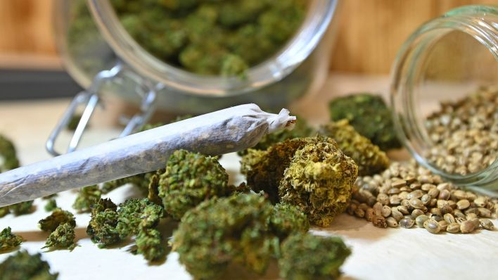Symbolbild: Trockene Cannabis-Pflanzen und Samen und ein Joint liegen auf den Tisch. (Quelle: dpa/Frank Hoermann)