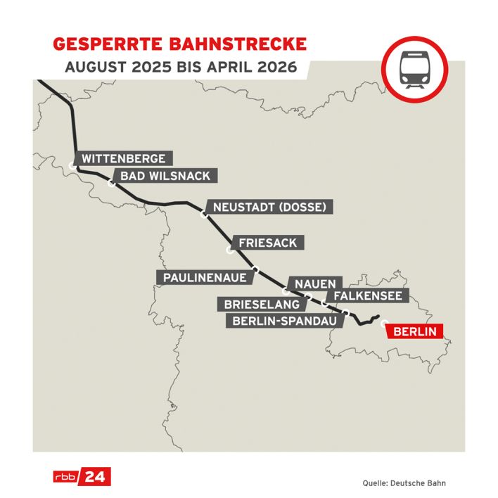 Karte: Gesperrte DB-Bahnstrecke zwischen Berlin und Hamburg. (Quelle: rbb/DB)