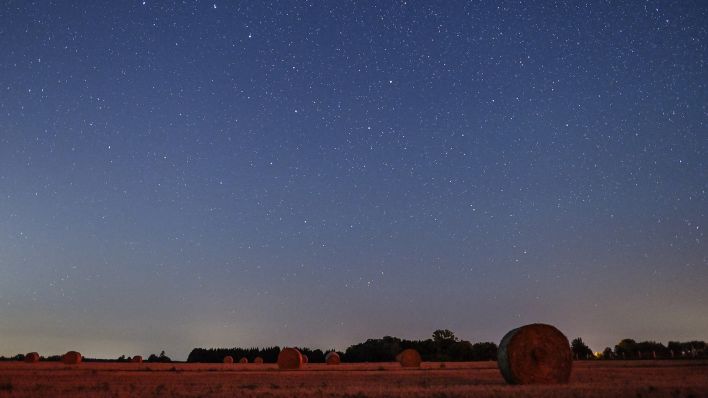 Symbolbild: Unzählige Sterne leuchten am Nachthimmel über einem Feld in Brandenburg auf dem Strohrollen liegen. (Quelle: dpa/ZB/Patrick Pleul)