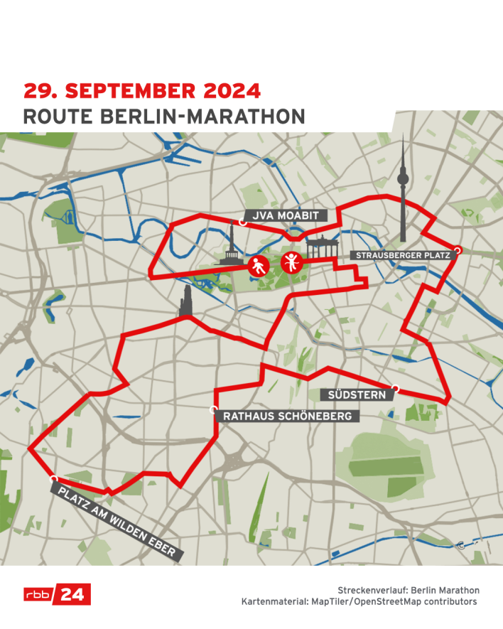 Die Route des Berlin-Marathons 2024. Quelle: rbb