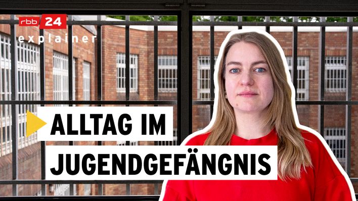 Im Hintergrund ist ein Gefängnis zu sehen. Im Vordergrund ist eine Frau zu sehen. Das Bild trägt dazu den Titel: "Alltag im Jugendgefängnis".