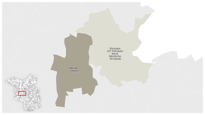 Karte Landtagswahl Brandenburg, Wahlkreis 19 - Potsdam-Mittelmark III/ Potsdam III (Quelle: rbb|24)