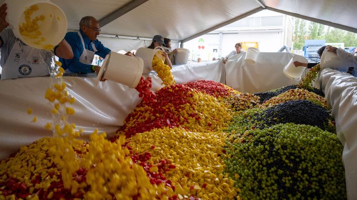 Freiwillige Helfer kippen beim Weltrekord-Versuch für den größten Obstsalat auf dem Großmarkt Fruchthof Berlin das geschnittene Obst in einen Container, der auf einer Waage steht. (Quelle: dpa/Christophe Gateau)