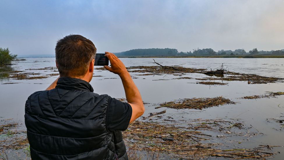 Archivbild: Ein Mann fotografiert Treibholz und vom Hochwasser mitgerissene Pflanzenteile auf dem deutsch-polnischen Grenzfluss Oder. (Quelle: dpa/Pleul)