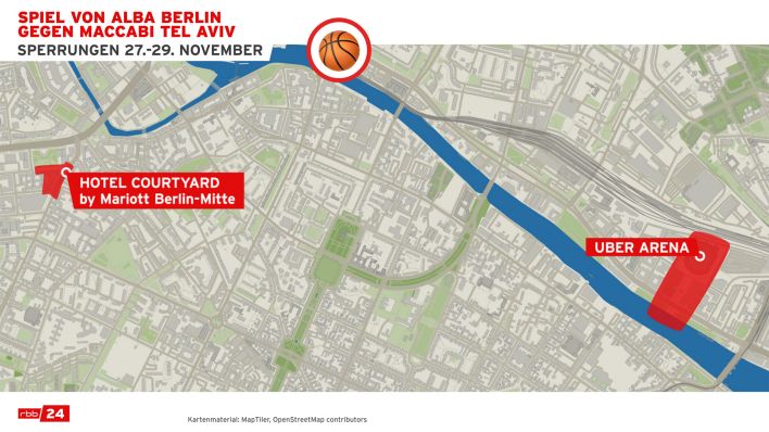 Sperrungen am 27.11.-29.11.2024 beim Spiel von Alba Berlin gegen Maccabi Tel Aviv. (Quelle: rbb24/OpenStreetMap/MapTiler)