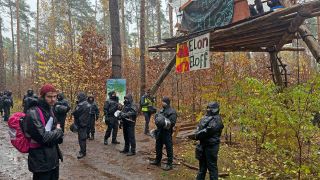 Die Polizei hat das Protestcamp von Tesla-Gegnern im Wald in Grünheide am 19.11.2024 aufgelöst und verpserrt den Zugang.(Quelle:dpa/L.Deckwerth)