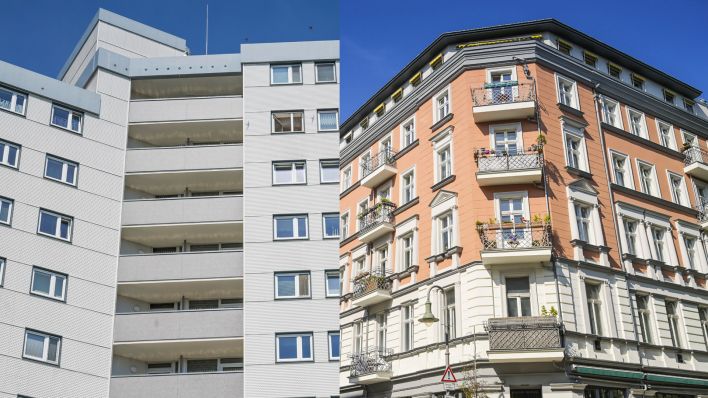 Collage: Hochahauses in Reinickendorf Berlin und Altbau in Prenzlauer Berg in Berlin. (Quelle: picture alliance/mageBROKER/Schoening)